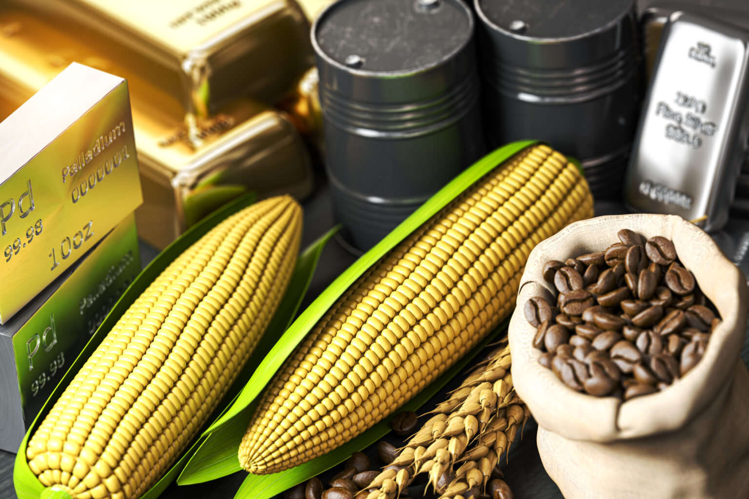 Commodities. Crude oil, gold, silver, palladium, wheat corn and coffee beans. 3d illustration